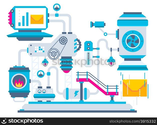 Vector industrial illustration background of the factory for processing envelopes. Color bright flat design for banner, web, site, advertising, print, poster.