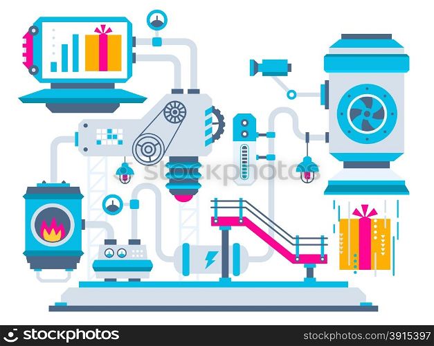 Vector industrial illustration background of the factory for processing gift boxes with bow. Color bright flat design for banner, web, site, advertising, print, poster.