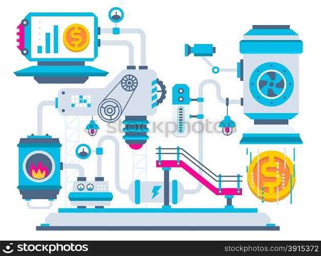 Vector industrial illustration background of the factory for processing gold coins. Color bright flat design for banner, web, site, advertising, print, poster.