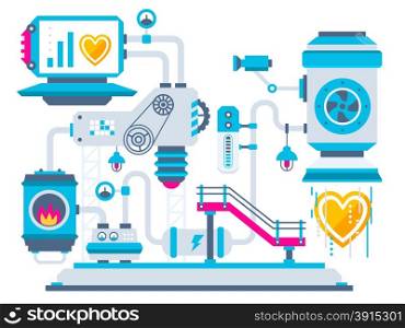 Vector industrial illustration background of the factory for processing hearts. Color bright flat design for banner, web, site, advertising, print, poster.