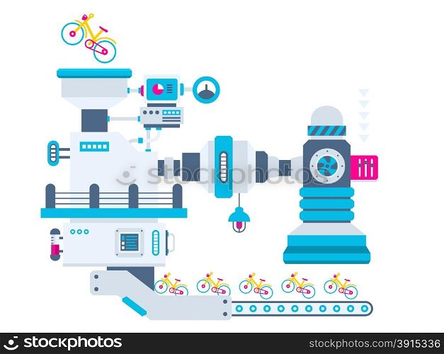 Vector industrial illustration background of the factory for producing bikes. Color bright flat design for banner, web, site, advertising, print, poster.