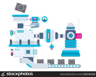 Vector industrial illustration background of the factory for producing cameras. Color bright flat design for banner, web, site, advertising, print, poster.