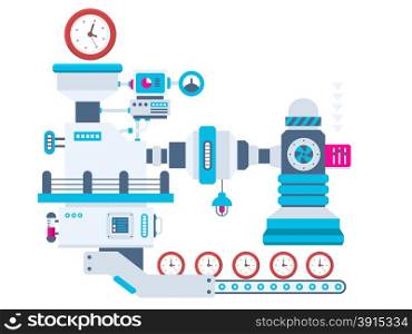 Vector industrial illustration background of the factory for producing clocks. Color bright flat design for banner, web, site, advertising, print, poster.