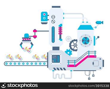 Vector industrial illustration background of the factory for sorting bikes. Color bright flat design for banner, web, site, advertising, print, poster.