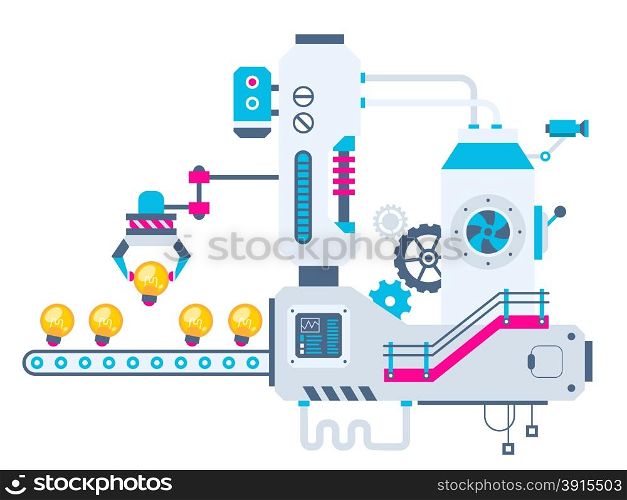 Vector industrial illustration background of the factory for sorting bulbs. Color bright flat design for banner, web, site, advertising, print, poster.