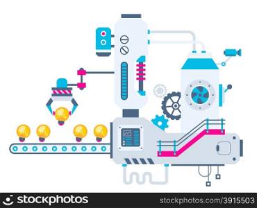 Vector industrial illustration background of the factory for sorting bulbs. Color bright flat design for banner, web, site, advertising, print, poster.