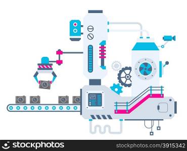 Vector industrial illustration background of the factory for sorting cameras. Color bright flat design for banner, web, site, advertising, print, poster.