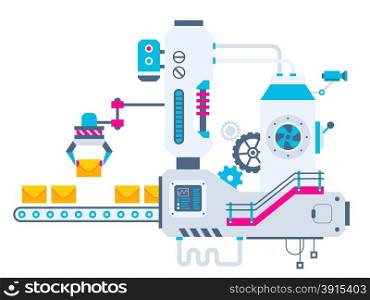 Vector industrial illustration background of the factory for sorting envelopes. Color bright flat design for banner, web, site, advertising, print, poster.
