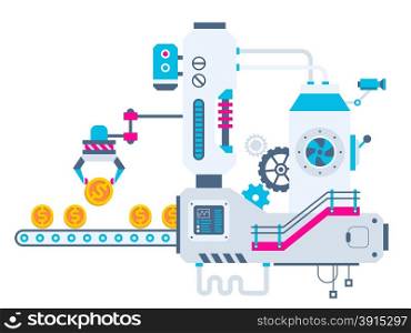 Vector industrial illustration background of the factory for sorting gold coins. Color bright flat design for banner, web, site, advertising, print, poster.