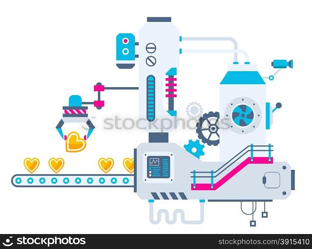 Vector industrial illustration background of the factory for sorting hearts. Color bright flat design for banner, web, site, advertising, print, poster.