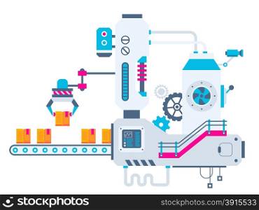 Vector industrial illustration background of the factory for sorting open books. Color bright flat design for banner, web, site, advertising, print, poster.