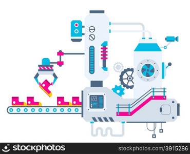 Vector industrial illustration background of the factory for sorting sneakers. Color bright flat design for banner, web, site, advertising, print, poster.