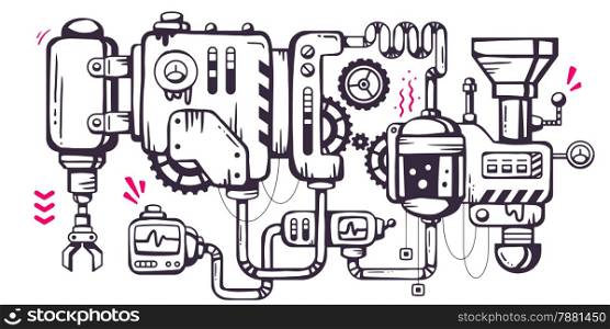 Vector industrial illustration background of the operating mechanism. Old mechanism with the oil leaks, monitoring and work.Line Art