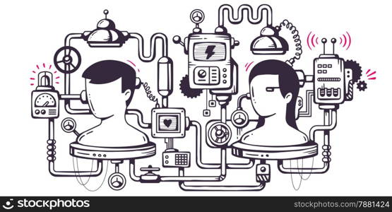 Vector industrial illustration background of the operating mechanism. Biological mechanism to study the human brain. Line Art