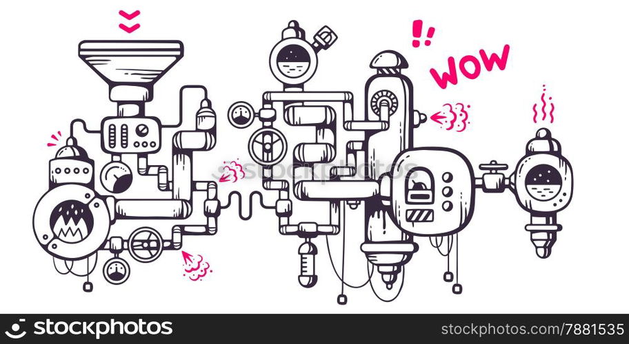 Vector industrial illustration background of the operating mechanism. Burning flames in the furnace. Line Art