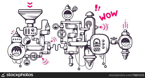 Vector industrial illustration background of the operating mechanism. Burning flames in the furnace. Line Art