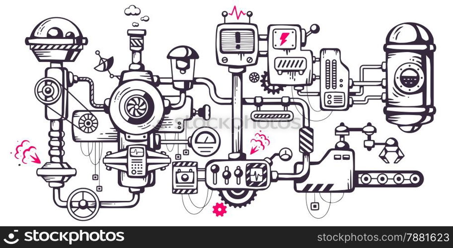 Vector industrial illustration background of the operating mechanism. Complicated mechanism at work. Line Art