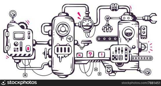 Vector industrial illustration background of the operating mechanism. Creation, development and recycling. Line Art