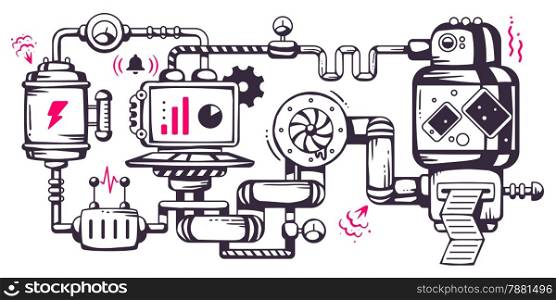 Vector industrial illustration background of the operating mechanism. Liquid, the device, print and report. Line Art