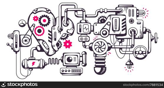 Vector industrial illustration background of the operating mechanism. Working heart. Line Art