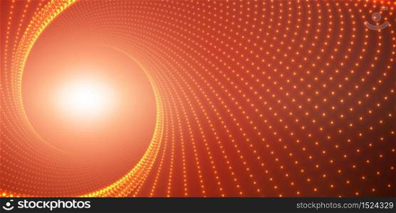Vector infinite round twisted tunnel of shining flares on red background. Glowing points form tunnel. Abstract cyber colorful background. Elegant modern geometric wallpaper. Shining points swirl.