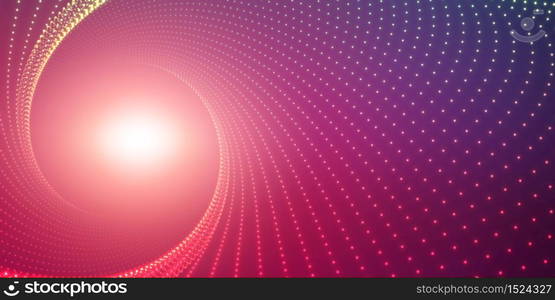 Vector infinite round twisted tunnel of shining flares on violet background. Glowing points form tunnel. Abstract cyber colorful background. Elegant modern geometric wallpaper. Shining points swirl.