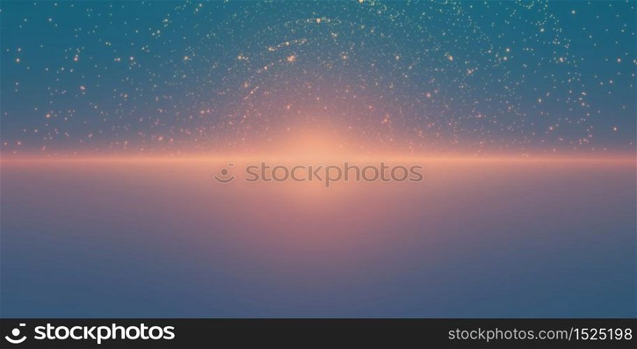 Vector infinite space background. Matrix of glowing stars with illusion of depth and perspective. Abstract cyber fiery sunrise over sea. Abstract futuristic universe on blue background.