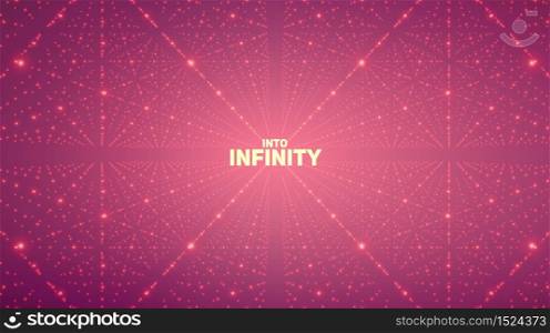 Vector infinite space background. Matrix of glowing stars with illusion of depth, perspective. Geometric backdrop with point array as lattice. Abstract futuristic universe on violet background.