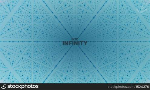 Vector infinite space background. Matrix of glowing stars with illusion of depth, perspective. Geometric backdrop with point array as lattice. Abstract futuristic universe on light blue background.