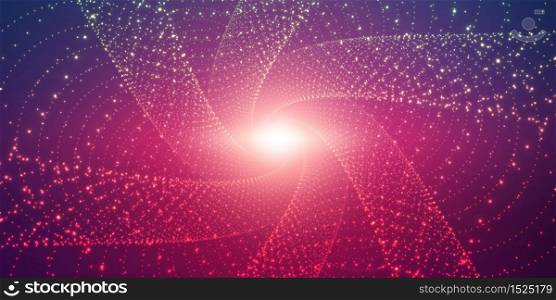 Vector infinite space background. Matrix of glowing stars with illusion of depth, perspective. Geometric backdrop with point array as lattice. Abstract futuristic universe on violet background.