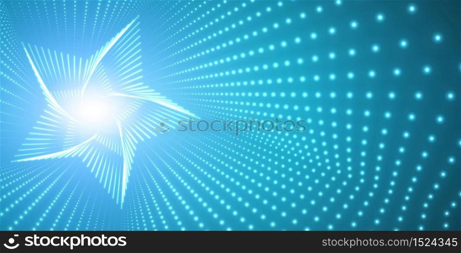 Vector infinite star twisted tunnel of shining flares on blue background. Glowing points form tunnel. Abstract cyber colorful background. Elegant modern geometric wallpaper. Shining points swirl.