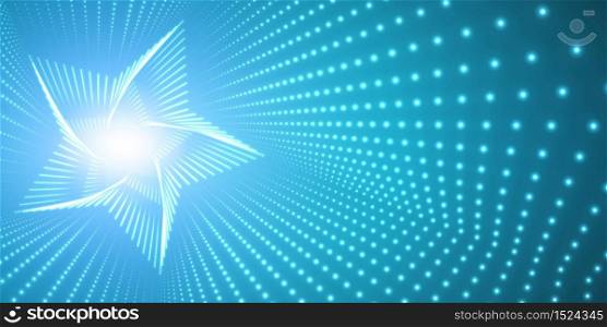 Vector infinite star twisted tunnel of shining flares on blue background. Glowing points form tunnel. Abstract cyber colorful background. Elegant modern geometric wallpaper. Shining points swirl.