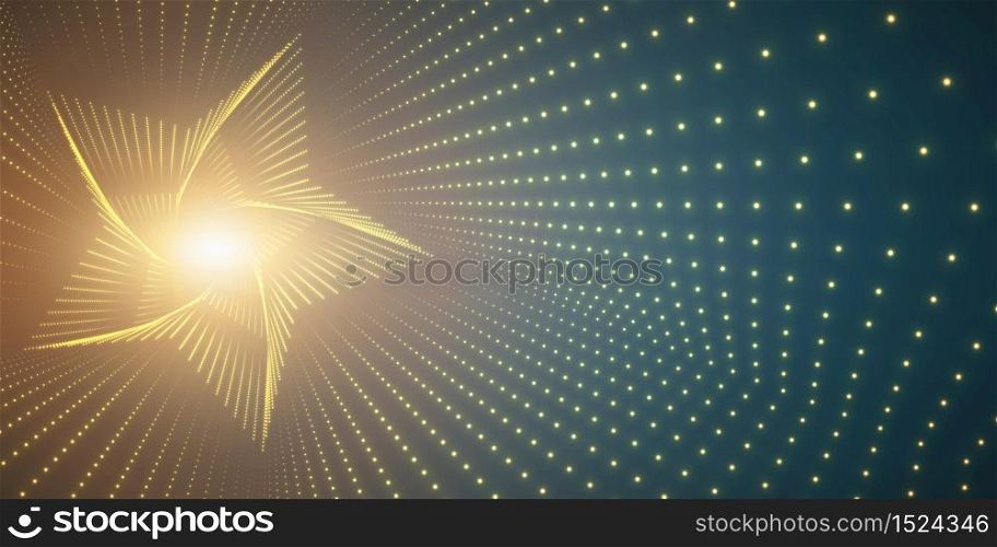 Vector infinite star twisted tunnel of shining flares on green background. Glowing points form tunnel. Abstract cyber colorful background. Elegant modern geometric wallpaper. Shining points swirl.