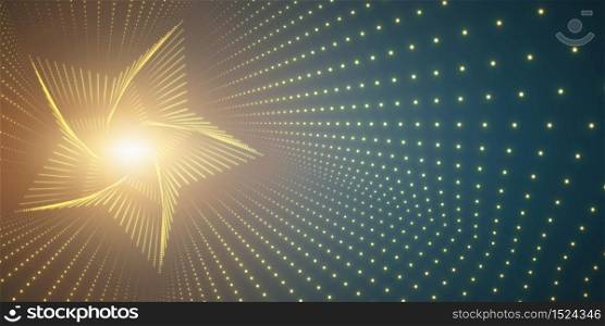 Vector infinite star twisted tunnel of shining flares on green background. Glowing points form tunnel. Abstract cyber colorful background. Elegant modern geometric wallpaper. Shining points swirl.