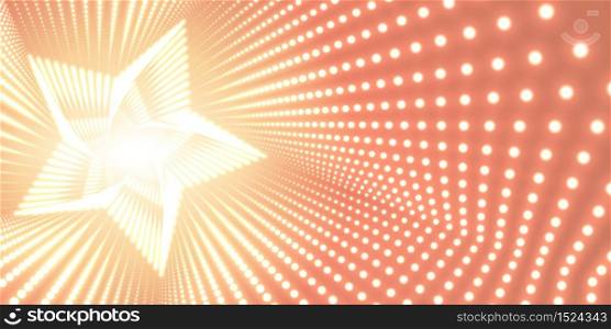 Vector infinite star twisted tunnel of shining flares on orange background. Glowing points form tunnel. Abstract cyber colorful background. Elegant modern geometric wallpaper. Shining points swirl