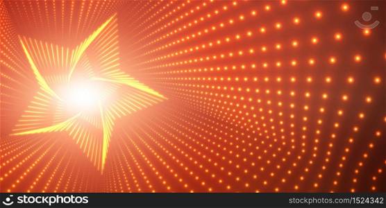 Vector infinite star twisted tunnel of shining flares on red background. Glowing points form tunnel. Abstract cyber colorful background. Elegant modern geometric wallpaper. Shining points swirl.