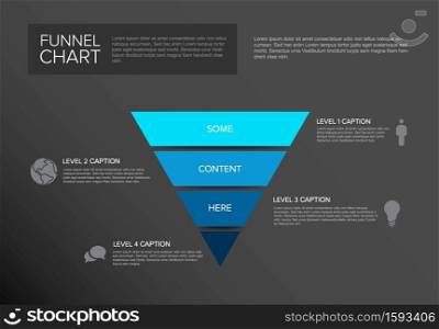 Vector Infographic 4 level layers funnel template with descriptions - reverse blue pyramid template on dark background