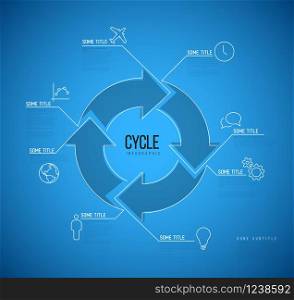Vector Infographic blueprint report template made from lines and icons with big cycle icon. Vector Infographic blueprint cycle template