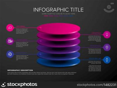 Vector Infographic circle layers template with six level desks for material structure - purple color template with dark background. Vector dark Infographic round layers desks template