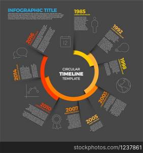 Vector Infographic circular timeline report template with the biggest milestones, icons, shadows and big colorful years labels - dark version. Vector Infographic circular timeline report template