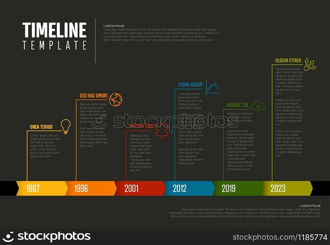 Vector Infographic Company Milestones Colorful Timeline Template - dark version. Infographic Timeline Template