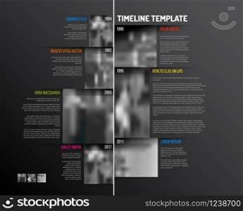 Vector Infographic Company Milestones Timeline Template with big rectangle photo placeholders and shadow effects - vertical dark version