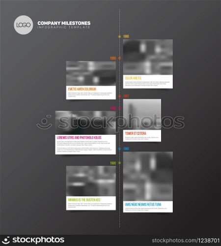 Vector Infographic Company Milestones Timeline Template with big rectangle photo placeholders and shadow effects - vertical dark version. Infographic Timeline Template with big photos