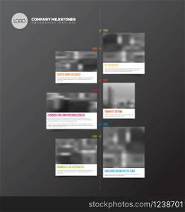 Vector Infographic Company Milestones Timeline Template with big rectangle photo placeholders and shadow effects - vertical dark version. Infographic Timeline Template with big photos