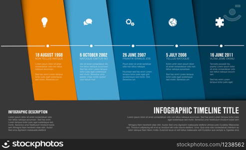 Vector Infographic Company Milestones Timeline Template with blue nad orange diagonal stripes. Timeline template with blue orange diagonal blocks