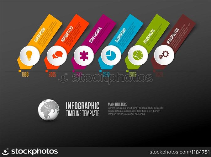 Vector Infographic Company Milestones Timeline Template with circle icon pointers on a straight time line - dark version. Simple timeline template with icons