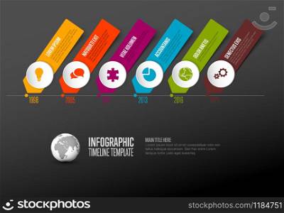 Vector Infographic Company Milestones Timeline Template with circle icon pointers on a straight time line - dark version. Simple timeline template with icons
