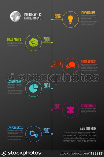 Vector Infographic Company Milestones Timeline Template with circle icon pointers on a straight vertical time line - dark background version. Vector Infographic timeline template