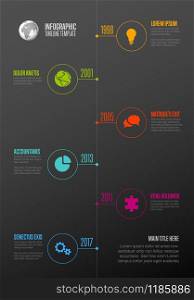 Vector Infographic Company Milestones Timeline Template with circle icon pointers on a straight vertical time line - dark background version. Vector Infographic timeline template