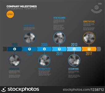 Vector Infographic Company Milestones Timeline Template with circle photo placeholders on a blue time line - dark version